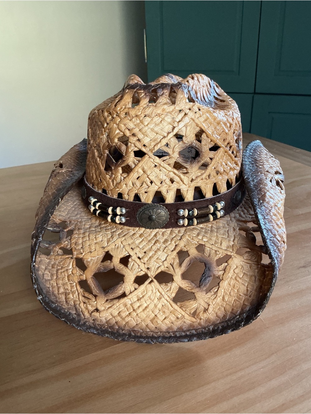 Lone Star Woman’s Brown Straw Western Cowboy Hat Beaded Band Sz S/M